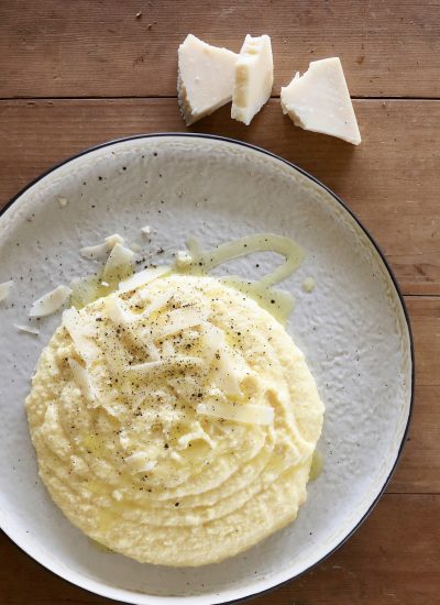 A plate of creamy Soft Polenta with Parmesan by Maggie Beer.