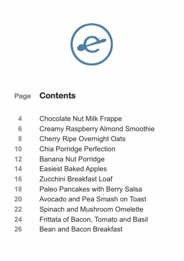 photo of Easy Read Breakfast Recipes Book 1 Contents page